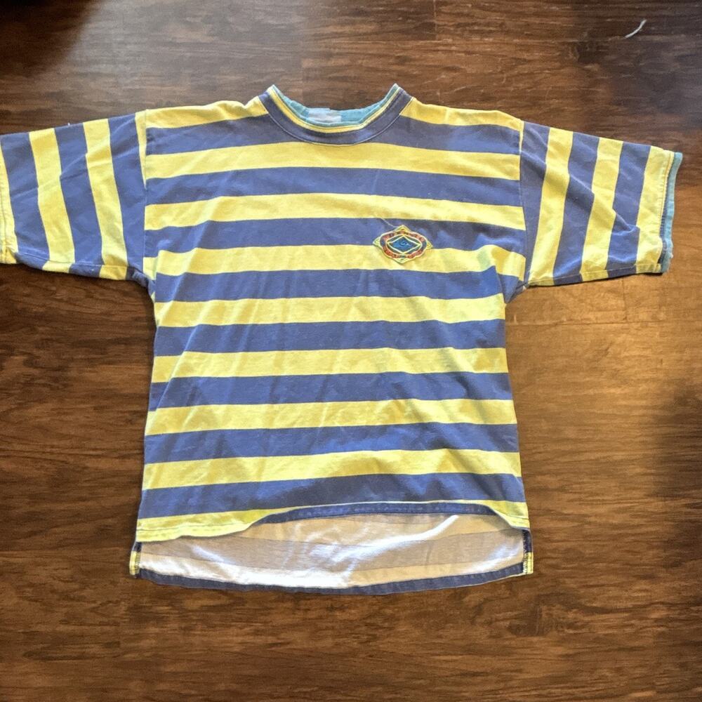 Vintage Made in USA Quiksilver World Force Lime Green Blue Striped Surf Tee